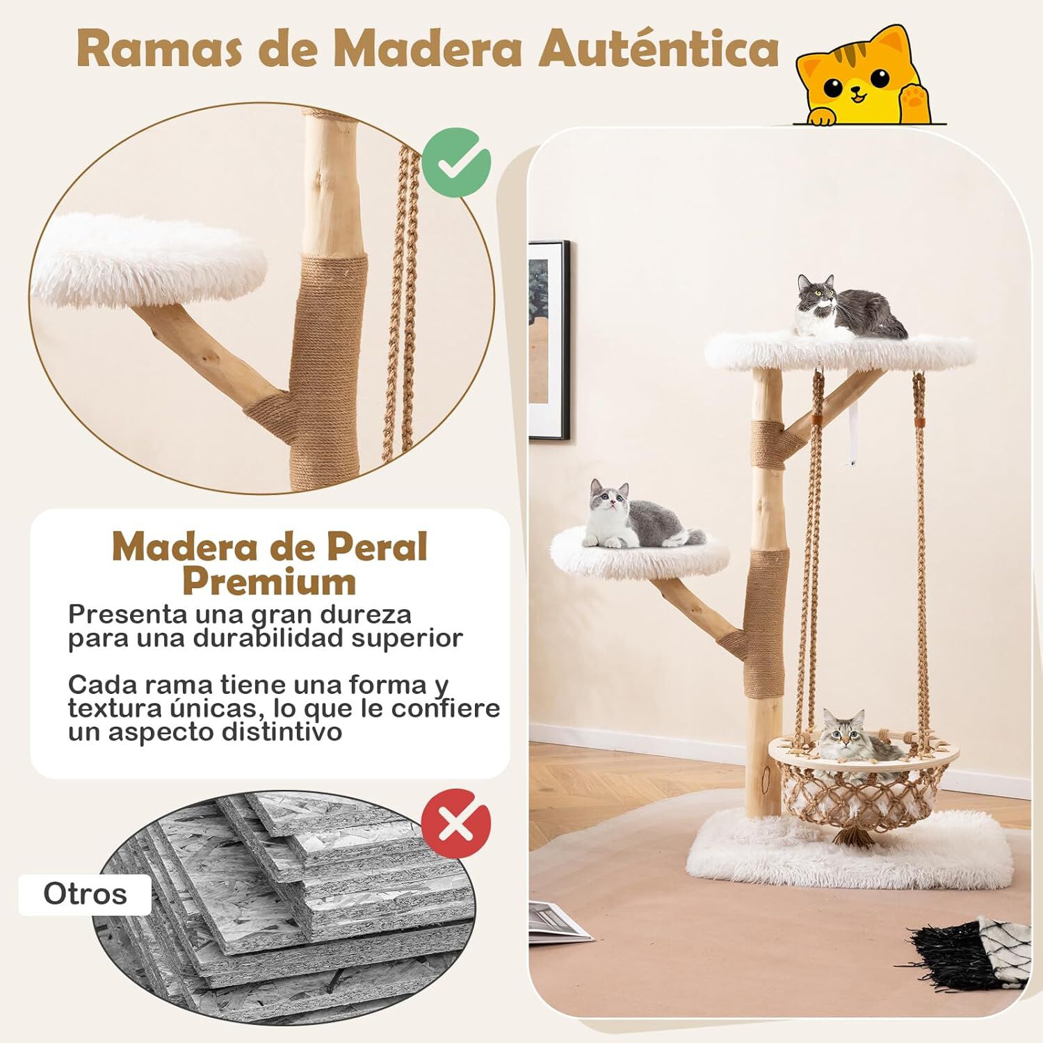 COSTWAY &Aacute;rbol para Gatos con Hamaca Colgante, Torre Multinivel con Postes de Madera de Pera y Rascadores de Yute, 2 Plataformas, Ideal para Gatos, Natural + Blanco, 70 x 50 x 123 cm, , large Imagen numero 3