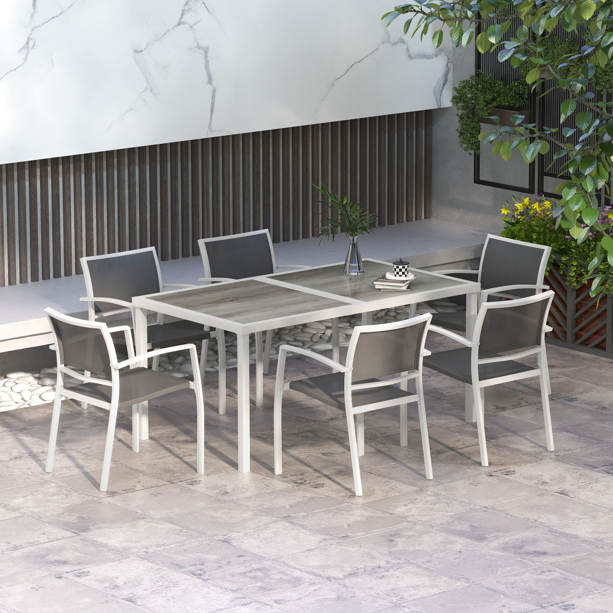 Outsunny Conjunto de Comedor de Exterior Juego de Comedor de Jard&iacute;n de 7 Piezas con 1 Mesa y 6 Sillas Apilables Estilo Moderno para Terraza Patio Blanco y Gris, , large Imagen numero 2