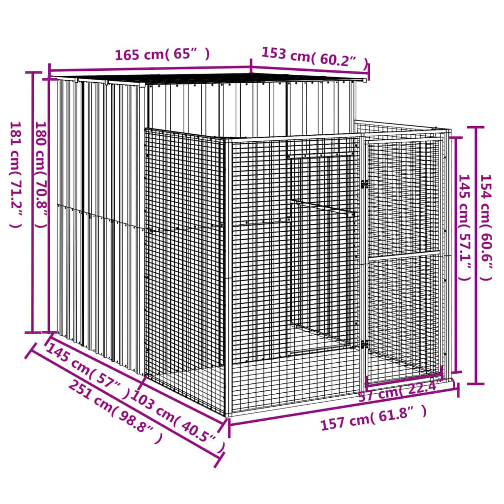 vidaXL Caseta de perros con corral acero galvanizado 165x455x181 cm, , large Imagen numero 21