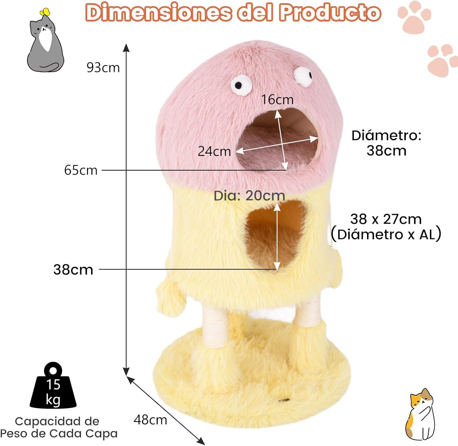 COSTWAY &Aacute;rbol para Gatos, Torre para Gatos con Tem&aacute;tica de Monstruos con Condominios, Felpa Larga y Suave, Poste Rascador De Sisal, Juguetes Colgantes, &Aacute;rbol Rascador para Gatos (Rosa y Amarillo), , large Imagen numero 2