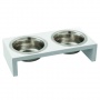 Comedero doble con soporte de madera blanco