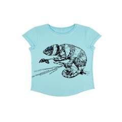 Animal totem camiseta manga corta algodón orgánico camaleón turquesa para mujer