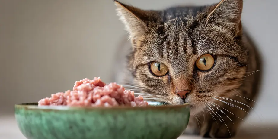 Gato con comida natural congelada