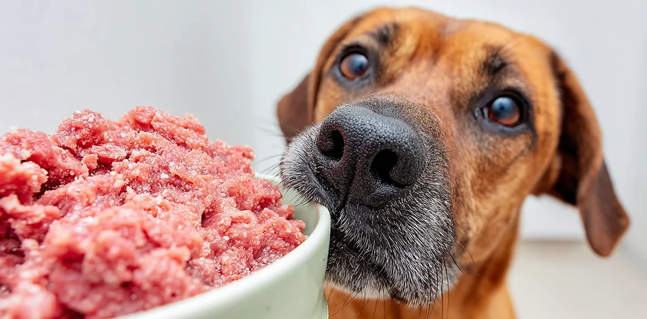 Perro con comida natural congelada