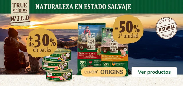 True Origins Wild: 50% dto en la 2ª unidad de pienso y +30% dto en packs de comida húmeda para gatos.