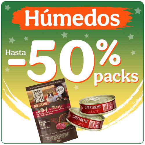 Hasta 50% dto en packs de comida húmeda para gatos.