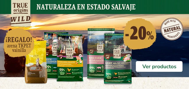 True Origins Wild: Pienso para gatos con regalo de arenas y 20% dto en pienso para perros.