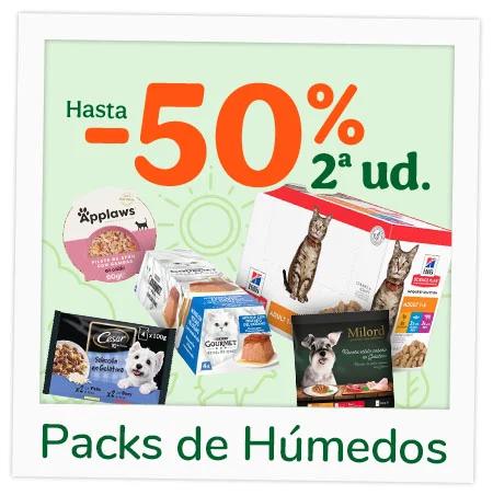 Comida húmeda: Hasta 50% de descuento en packs seleccionados.