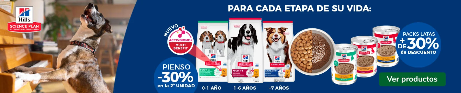Hill&rsquo;s Science Plan: 30% dto en la 2&ordf; unidad de pienso y +30% dto en packs de comida h&uacute;meda para perros.