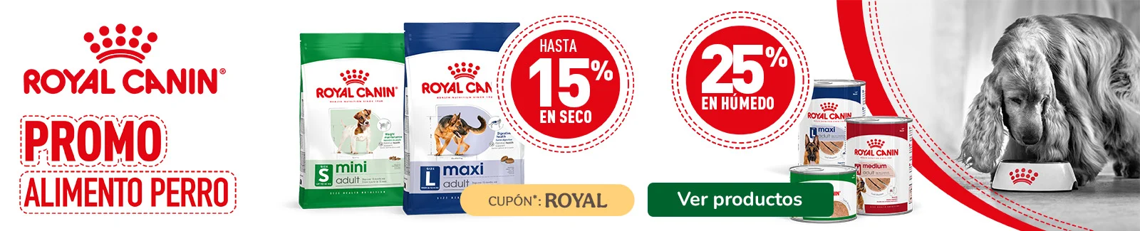 Royal Canin: Hasta un 15% dto en pienso y 25% dto en comida húmeda para perro.