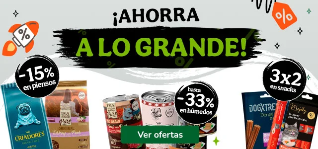 15% dto en piensos, 33% dto en comida húmeda en pack y 3x2 en snacks para tu peludo.