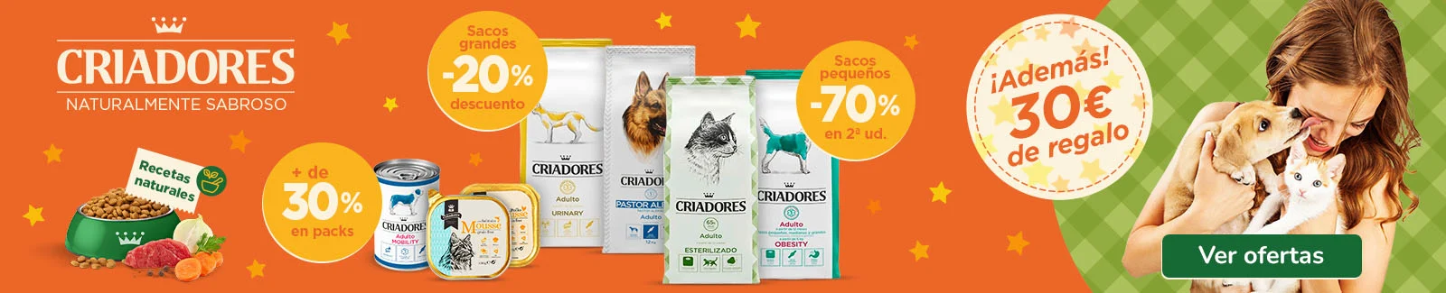 Criadores: Más del 30% dto en comida húmeda, 20% dto en sacos grandes de pienso, 70% de dto en 2ª ud de sacos pequeños de pienso para tu peludo ¡y 30€ de regalo!.