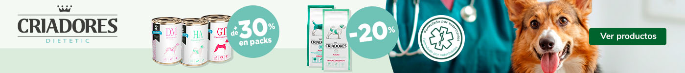 Criadores: 20% dto en pienso veterinario y +30% dto en packs de comida húmeda para perros.
