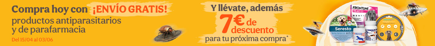 ¡Envio gratis!: con la compra de antiparasitarios y parafarmacia y, además, regalo cupón para tu próxima compra.