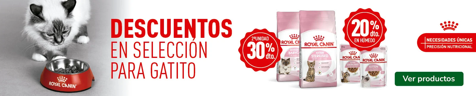 Royal Canin: 30% dto en la 2&ordf; unidad de pienso y 20% dto en packs de comida h&uacute;meda para gatos.
