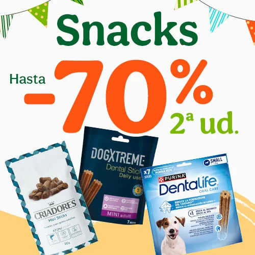 Hasta 70% dto en la 2ª ud en snacks para perros.
