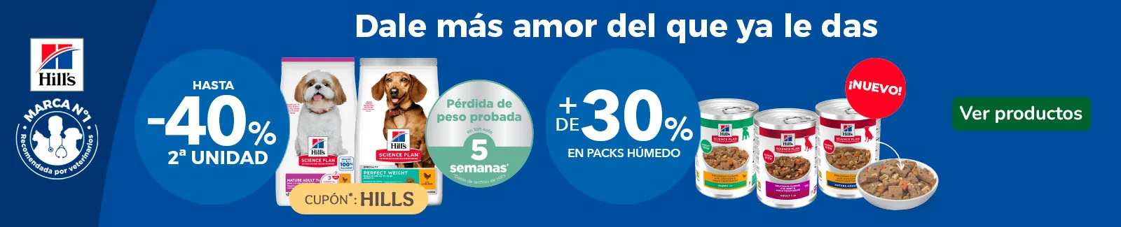 Hill&rsquo;s Science Plan: Hasta 40% dto en la 2&ordf; unidad de pienso y +30% dto en packs de comida h&uacute;meda para perros.