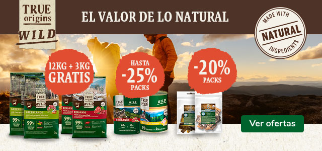 True Origins Wild: Pienso con 3 kg gratis, hasta 25% dto en packs de comida húmeda y 20% dto en packs de snacks para perros.