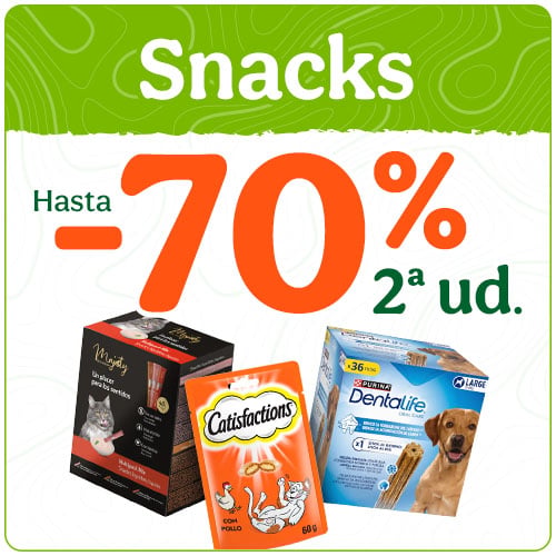 Hasta 70% dto en la 2ª unidad de snacks para tu peludo.