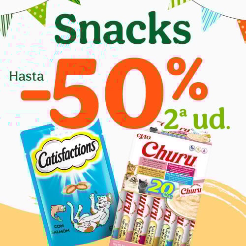 Hasta 50% dto en la 2ª ud en snacks para gatos.