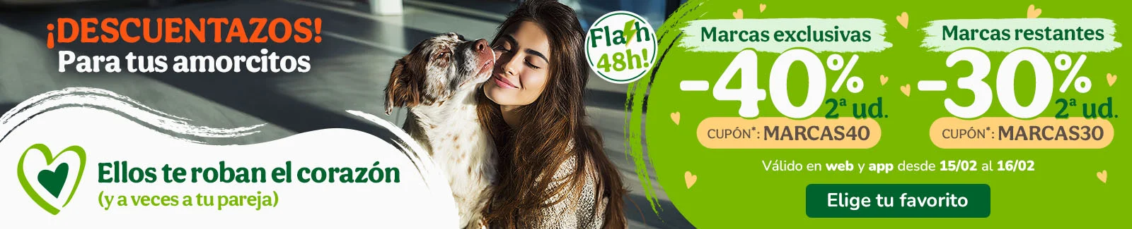 Hasta -40% en la 2&ordf; ud. en alimentaci&oacute;n, accesorios y productos de higiene. Cupones MARCAS40 o MARCAS30