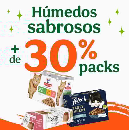 +30% dto en packs de comida húmeda para gatos.