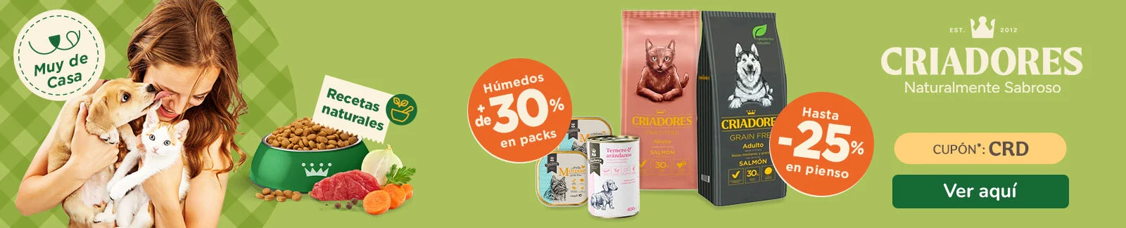 Criadores: Hasta 25% dto en pienso y +30% dto en packs de comida h&uacute;meda para tu peludo.