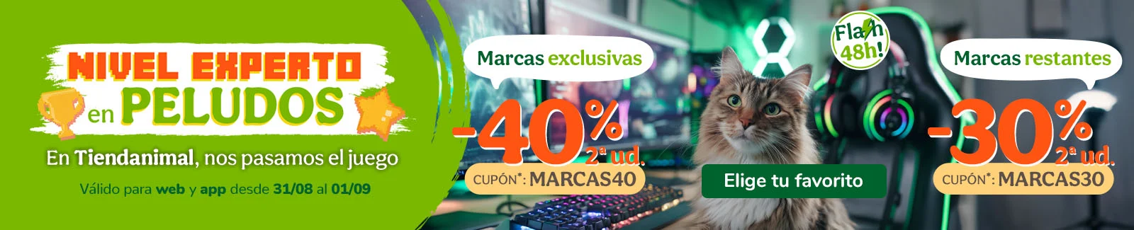 Hasta -40% en la 2ª ud. en alimentación, accesorios y productos de higiene. Cupones MARCAS40 o MARCAS30