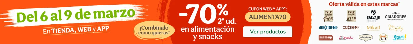 Hasta 70% dto en la 2ª unidad de alimentación para tu peludo.