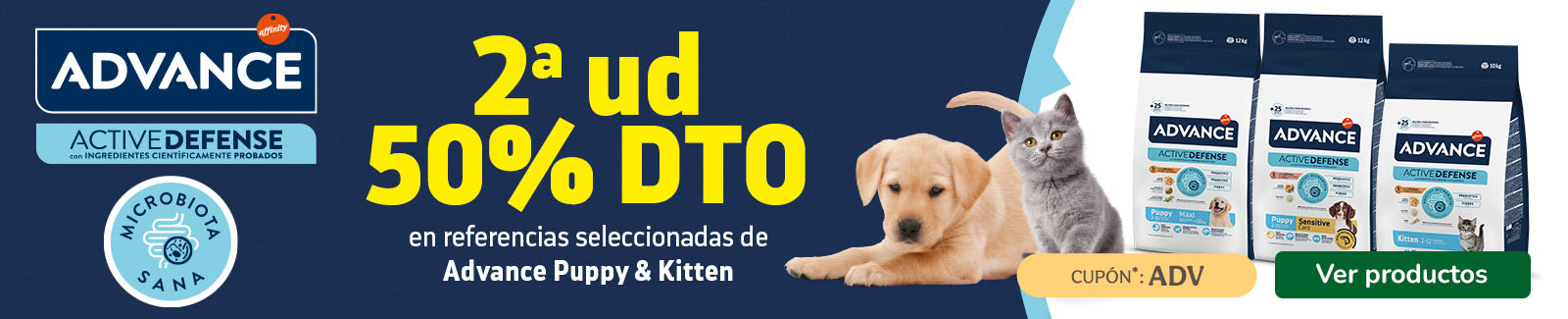 Advance: 50% dto en la 2&ordf; unidad de pienso para cachorros y gatitos.