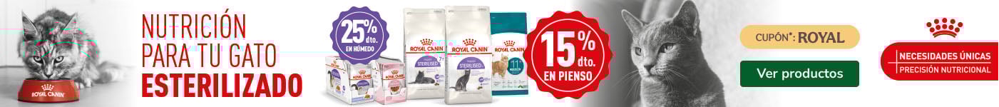 Royal Canin: 15% dto en pienso y 25% dto en packs de comida húmeda para gatos.