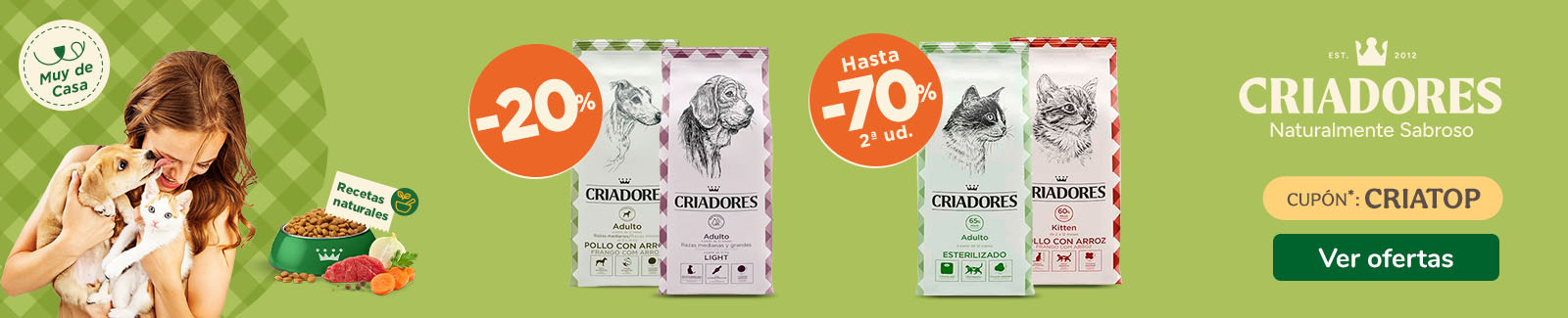 Criadores: 20% dto en pienso para perros y hasta 70% dto en la 2&ordf; unidad de pienso para gatos.