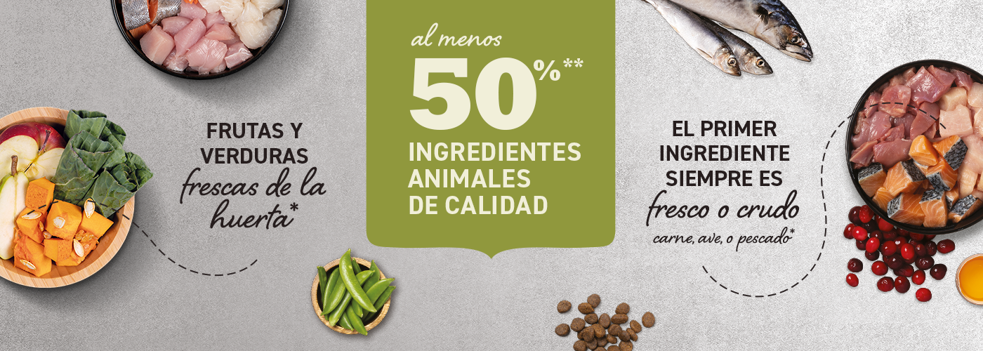 Acana. Nutrición natural con al menos un 50% de ingredientes de animal de calidad y frutas y verduras frescas