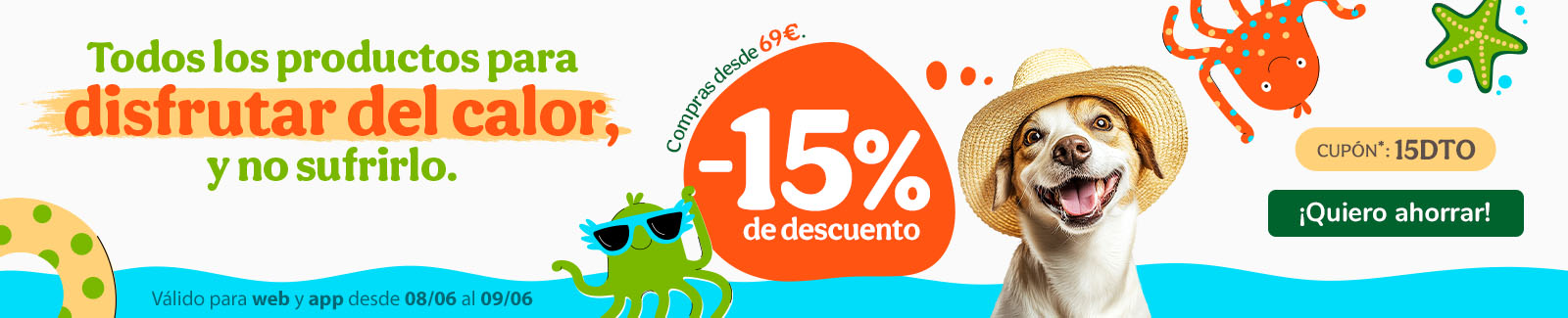 -15% de dto. en alimentación, accesorios y productos de higiene. Cupón 15DTO