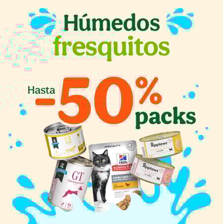 Comida húmeda: Hasta 50% de descuento en packs seleccionados.