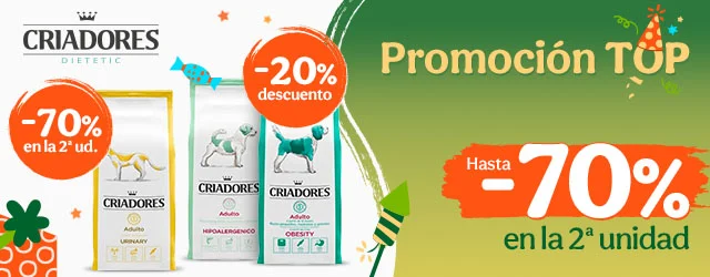 Criadores: 20% dto en pienso veterinario para perros y hasta 70% dto en la 2ª unidad de pienso veterinario para gatos.