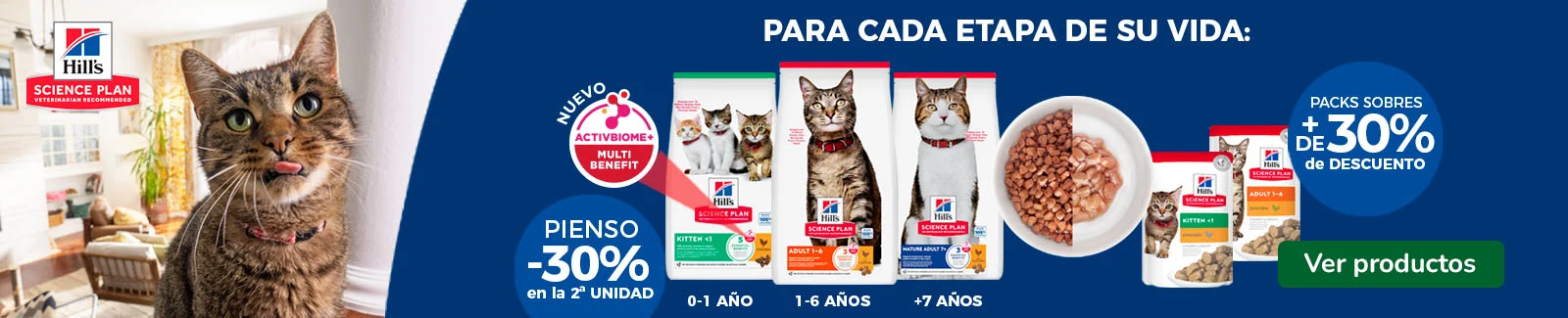 Hill&rsquo;s Science Plan: 30% dto en la 2&ordf; unidad de pienso y +30% dto en packs de comida h&uacute;meda para gatos.