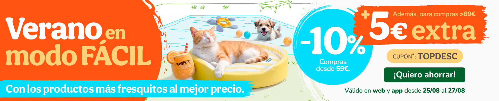 10% de dto. en alimentaci&oacute;n, accesorios y productos de higiene y 5&euro; extra Cup&oacute;n: TOPDESC