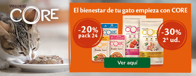 Wellnesss Core: 2ª ud al 30% pienso + 20% pack de 24 húmedos para gatos.