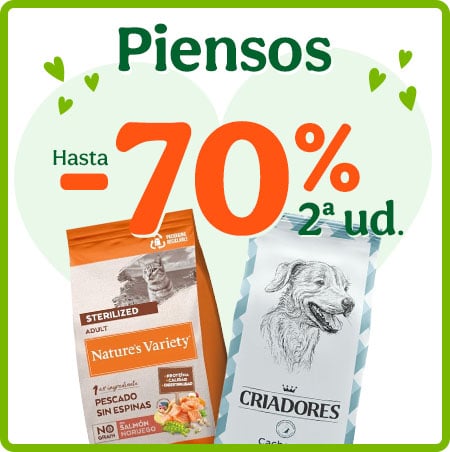 Hasta 70% dto en la 2ª ud de pienso para tu peludo.
