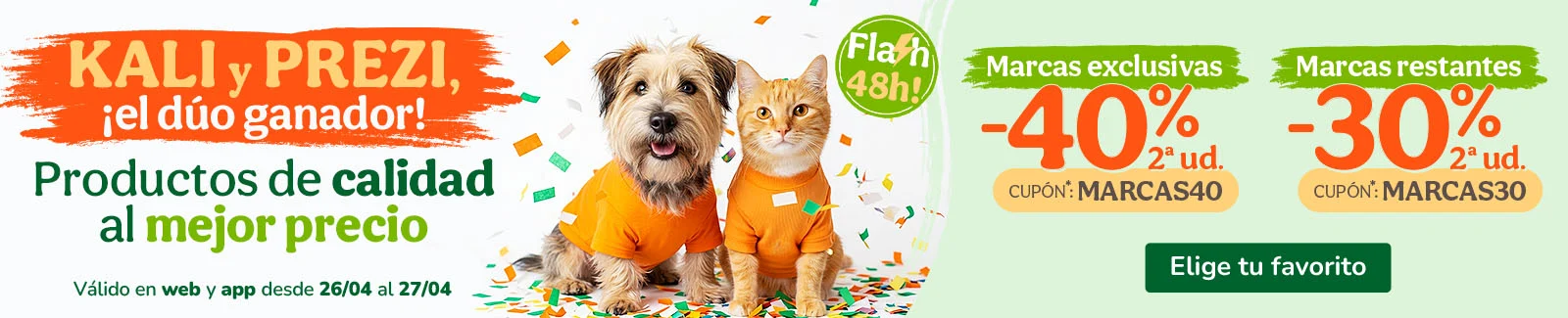 Hasta -40% en la 2&ordf; ud. en alimentaci&oacute;n, accesorios y productos de higiene. Cupones MARCAS40 o MARCAS30