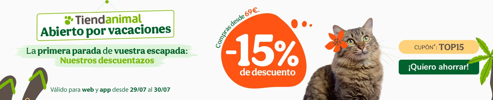 -15% de dto. en alimentación, accesorios y productos de higiene. Cupón TOP15