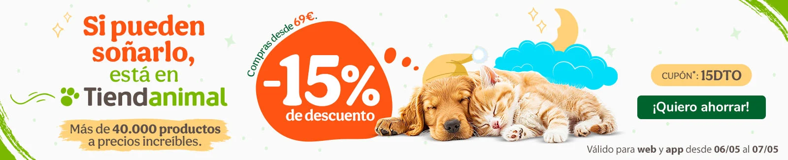 -15% de dto. en alimentación, accesorios y productos de higiene. Cupón 15DTO