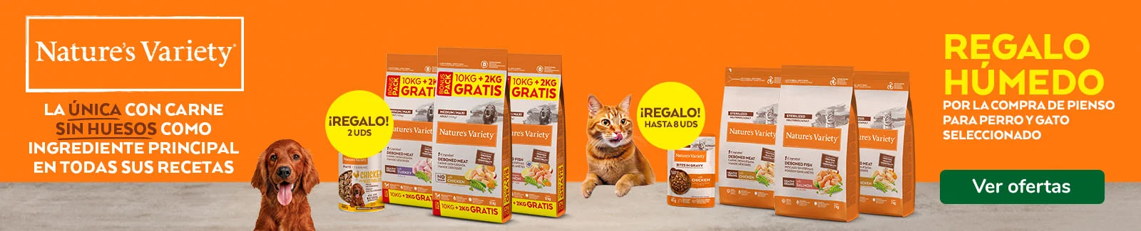 Nature&rsquo;s Variety: Pienso para perros y gatos con regalo de comida h&uacute;meda.