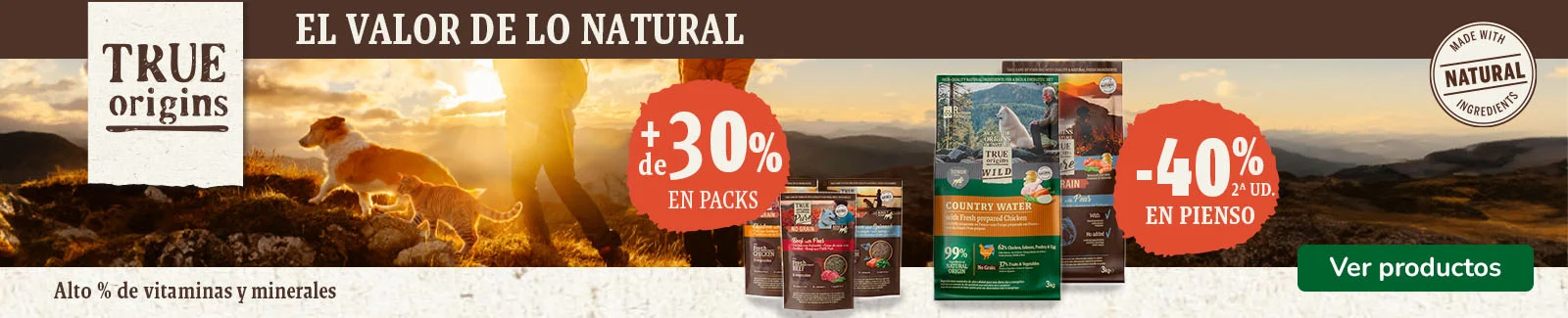 True Origins Pure: Hasta 40% dto en la 2&ordf; unidad de pienso y +30% dto en packs de comida h&uacute;meda para perros.
