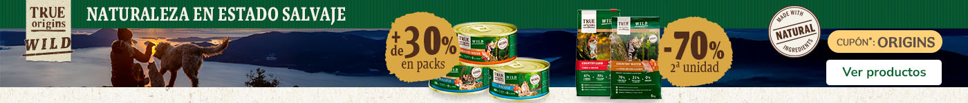 True Origins Wild: 70% dto en la 2ª unidad de piensos y más del 30% dto en packs húmedos para gatos.