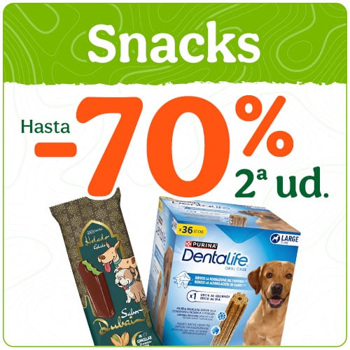 Hasta 70% dto en la 2ª ud de snacks para perros.