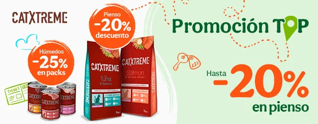 Catxtreme: 20% dto en pienso y 25% dto en packs de comida húmeda para gatos.