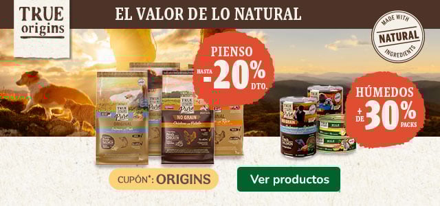 True Origins: Hasta 20% dto en piensos y +30% dto en packs húmedos para tu peludo.