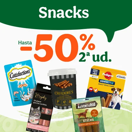 50% dto en la 2ª unidad de snacks para perros y gatos.